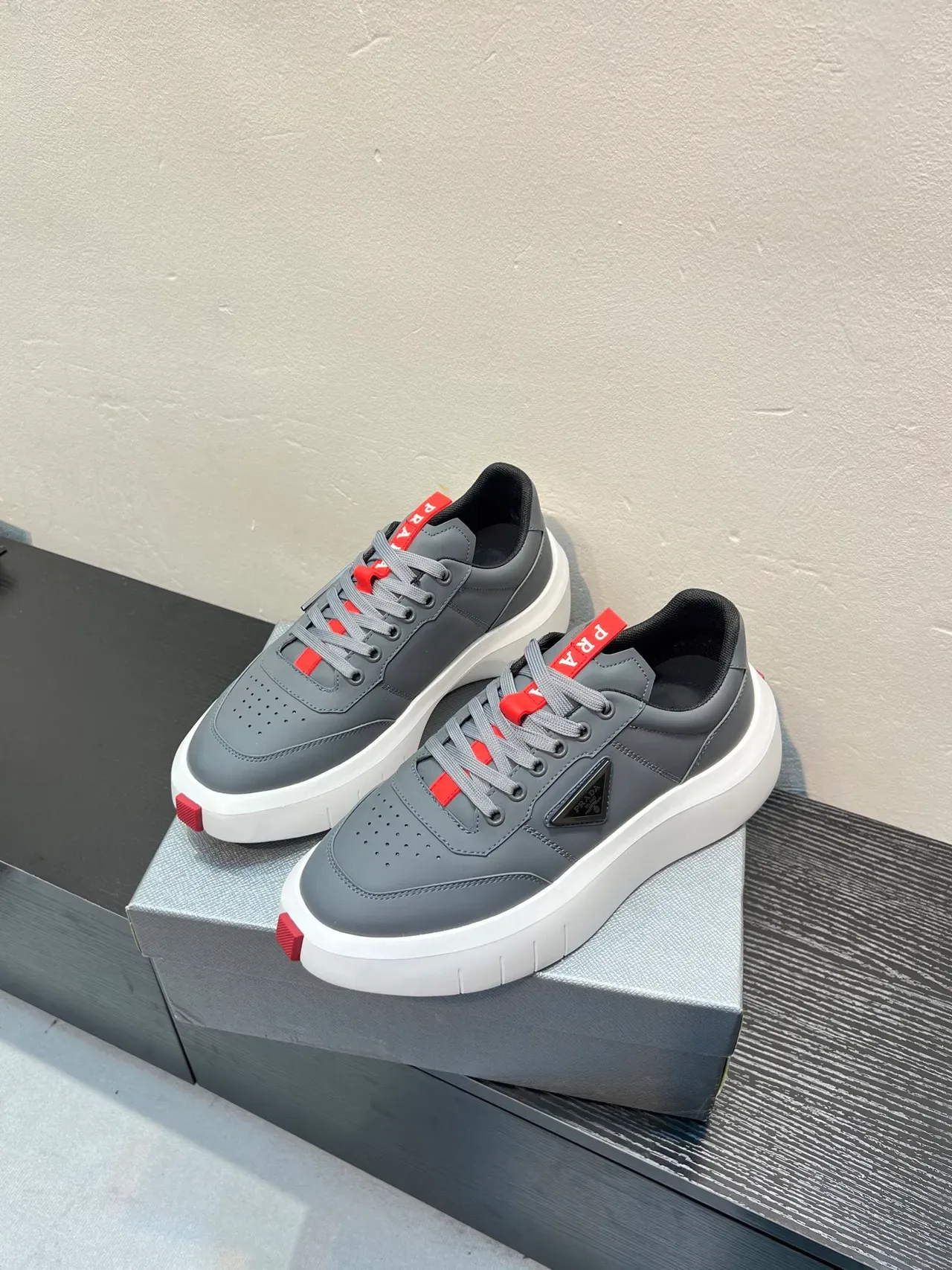 Prada Cloudbust Gray and Red Platform Lifestyle Sneakers 3