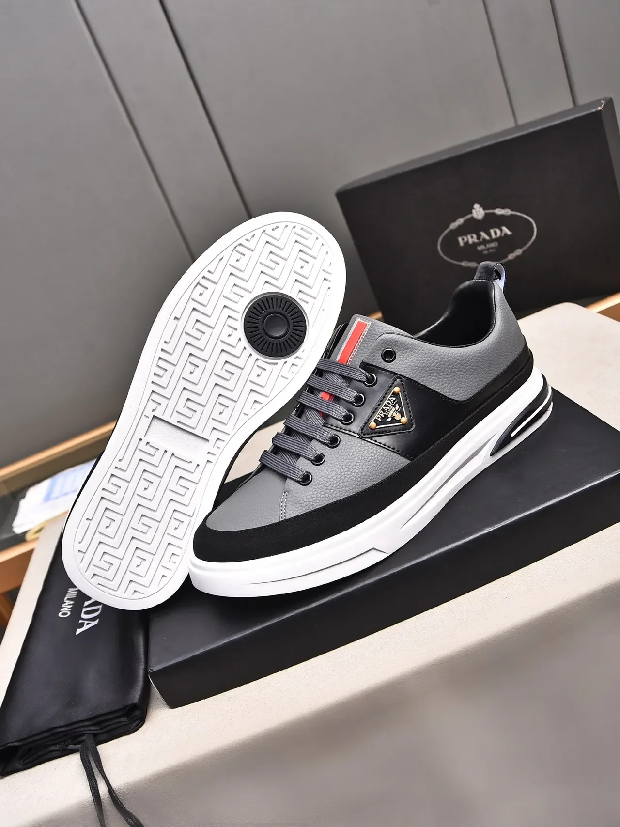 Prada Cloudbust Gray Black Mixed-Material Upper Triangular Logo Plaque Lifestyle Sneakers 4