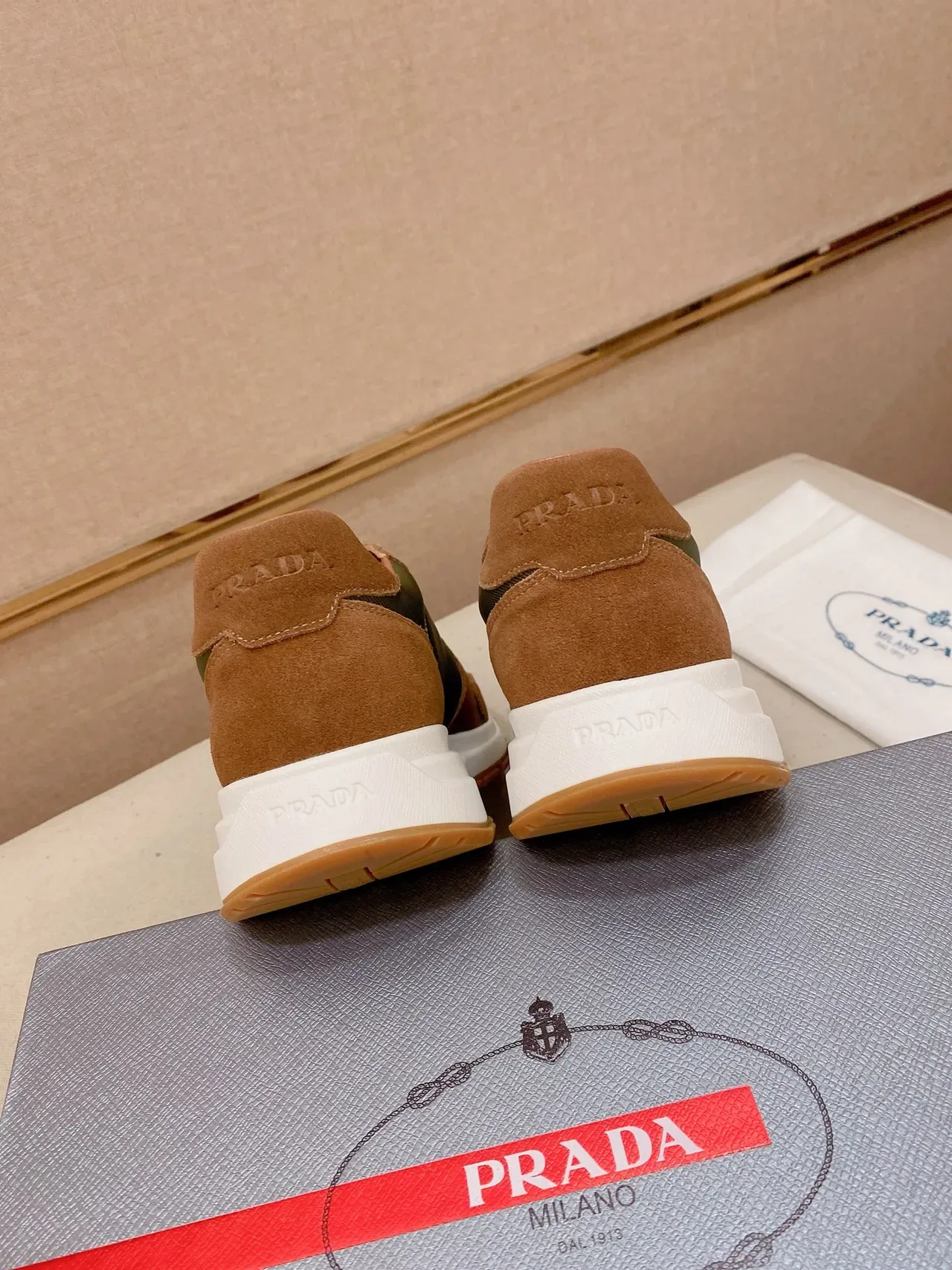 Prada Cloudbust Olive and Tan Suede Nylon Chunky Sneakers 3