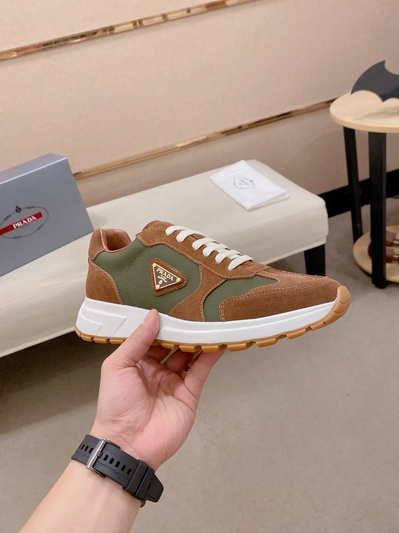 Prada Cloudbust Olive and Tan Suede Nylon Chunky Sneakers 4