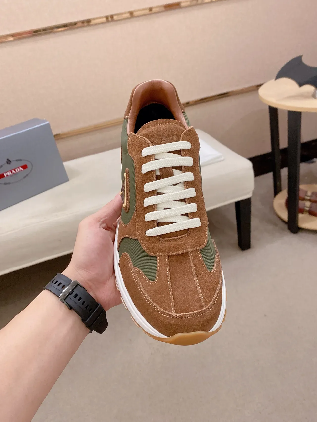 Prada Cloudbust Olive and Tan Suede Nylon Chunky Sneakers 5