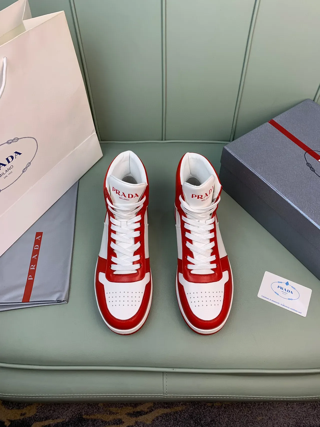 Prada Cloudbust Red and White Leather High-Top Lifestyle Sneakers 8