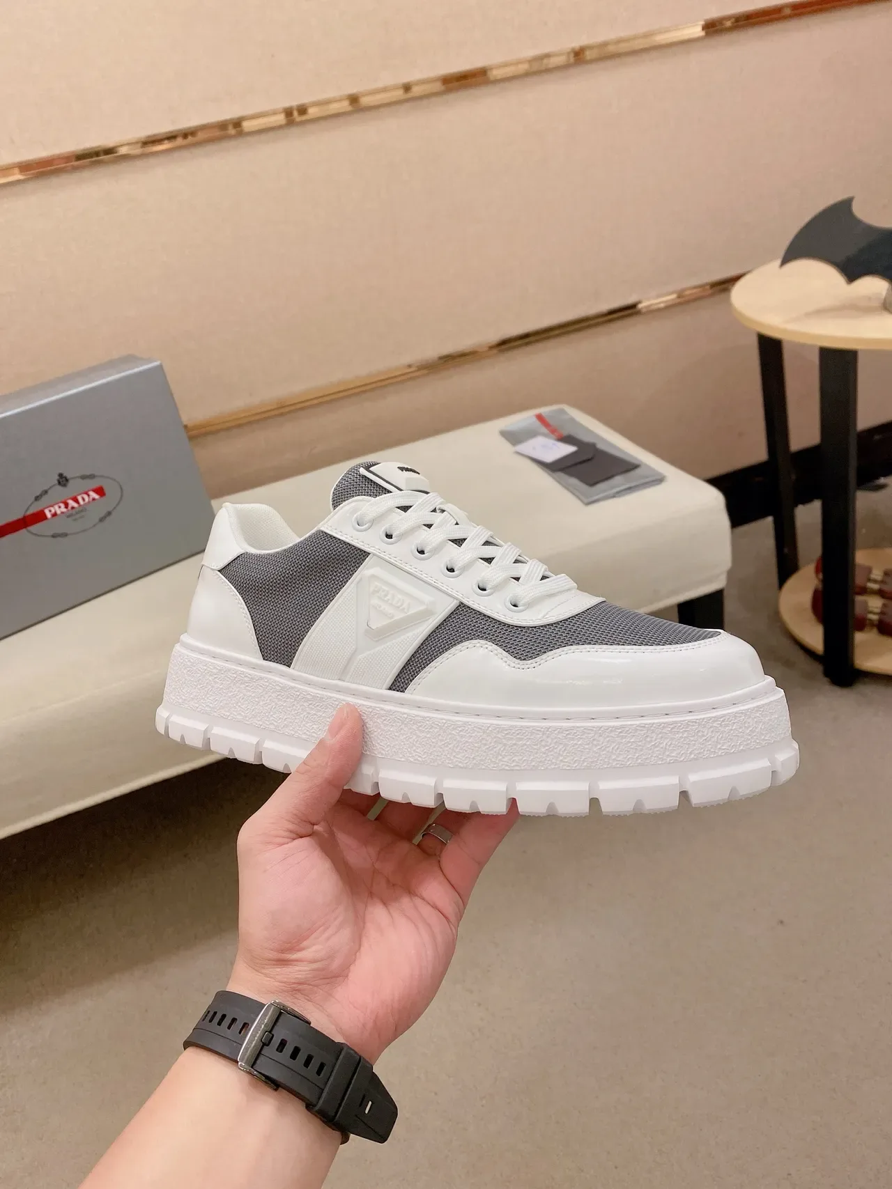 Prada Cloudbust White and Gray Platform Chunky Sneakers 4