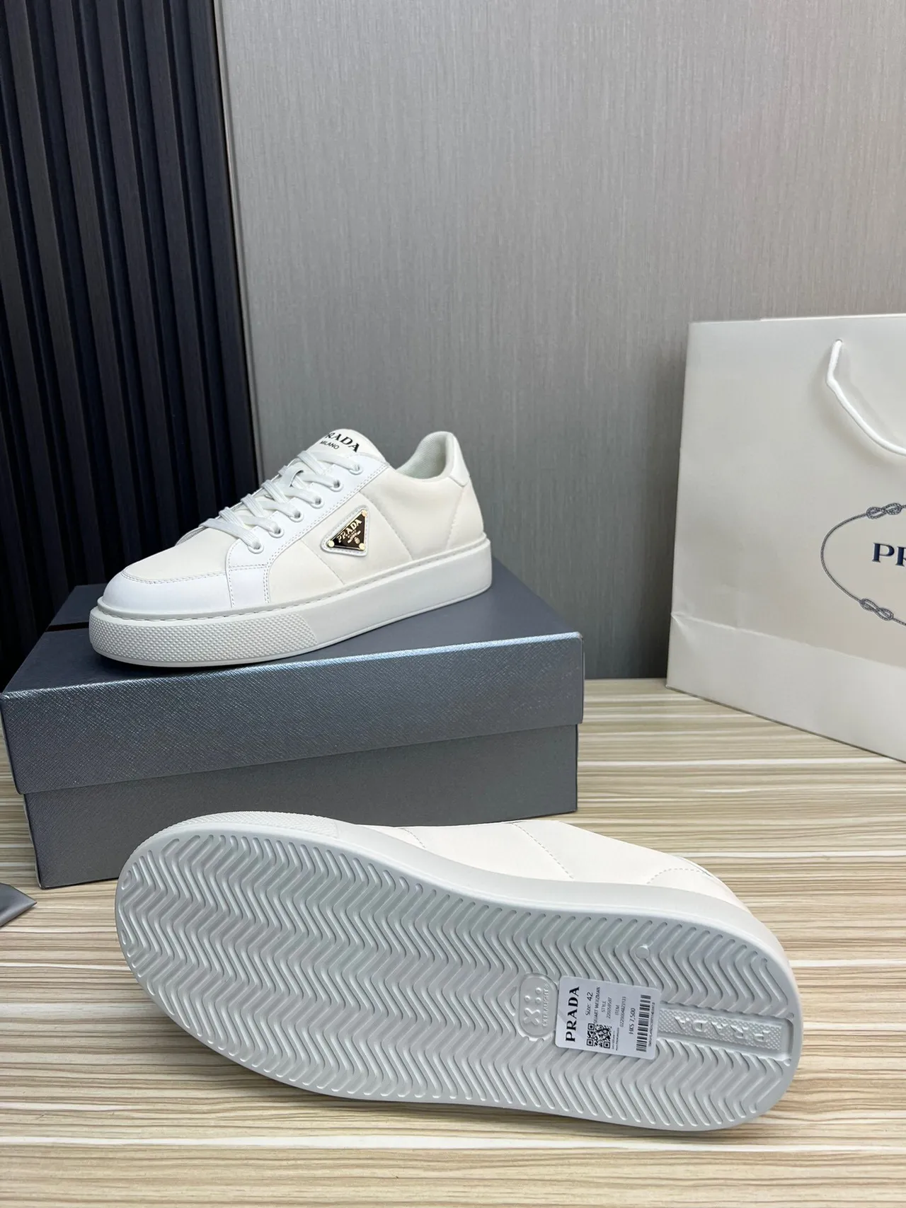 Prada Cloudbust White Black Leather-Like Upper Triangular Metal Logo Patch Lifestyle Sneakers 7