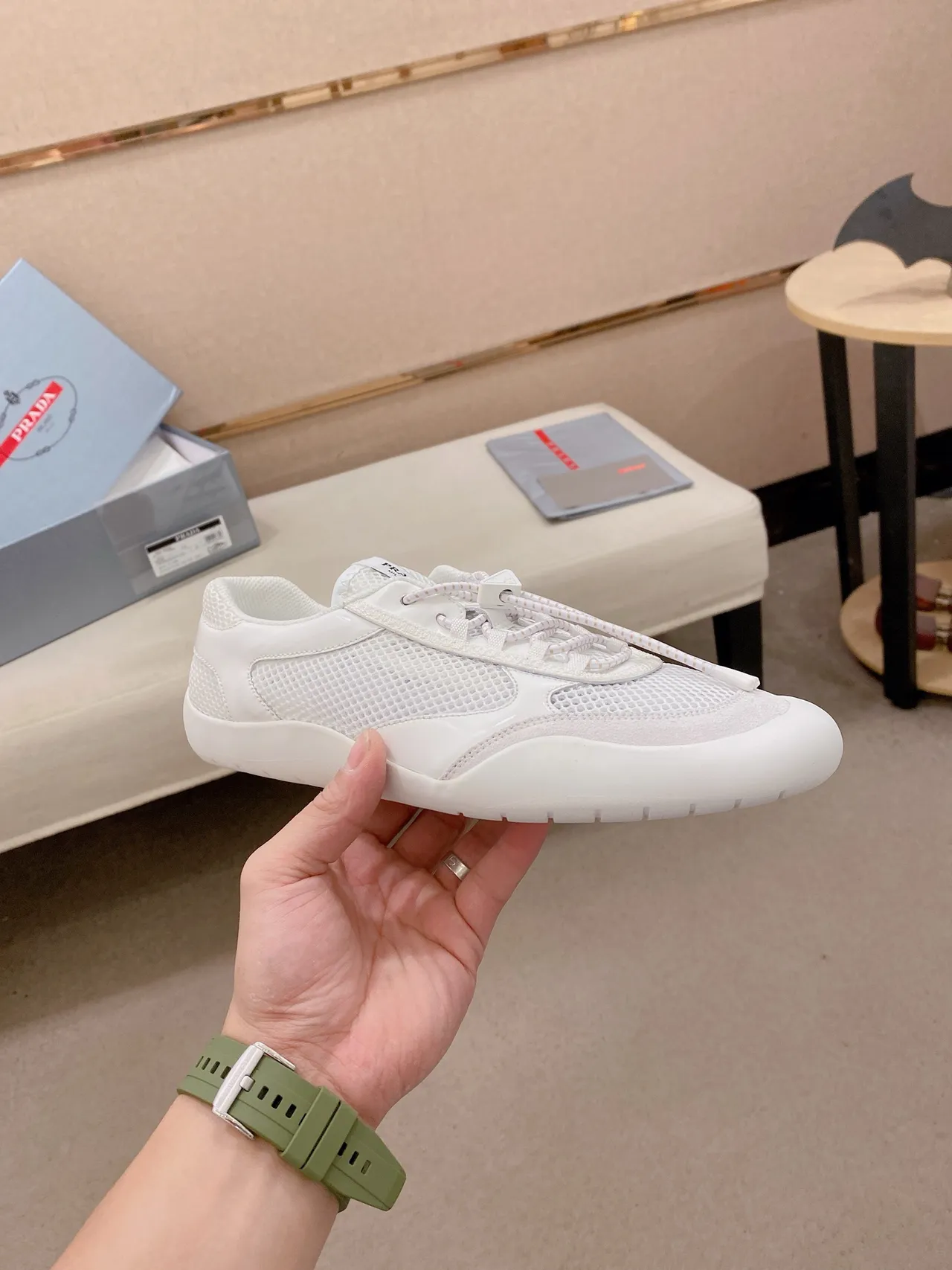 Prada Cloudbust White Mesh-and-Leather Upper Sculpted Monochrome Sole Lifestyle Sneakers 4