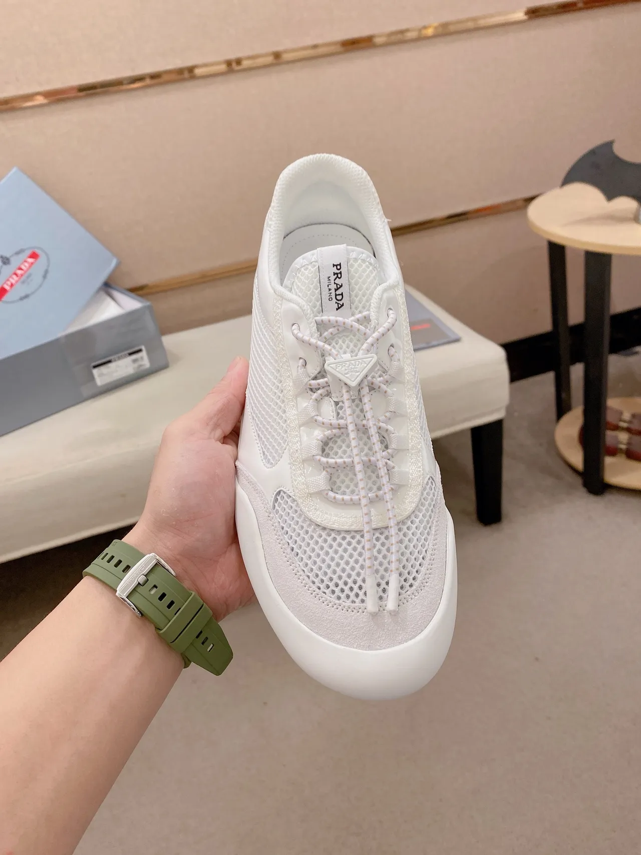 Prada Cloudbust White Mesh-and-Leather Upper Sculpted Monochrome Sole Lifestyle Sneakers 5