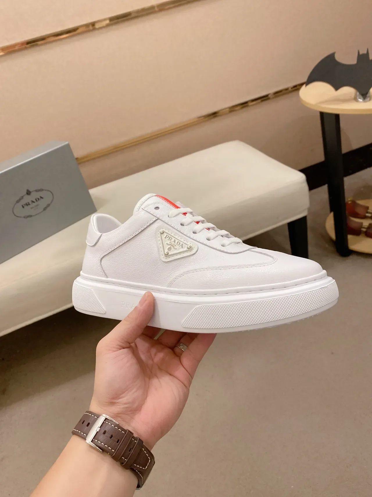 Prada Cloudbust White Red Leather Triangular Logo Plaque Lifestyle Sneakers 4
