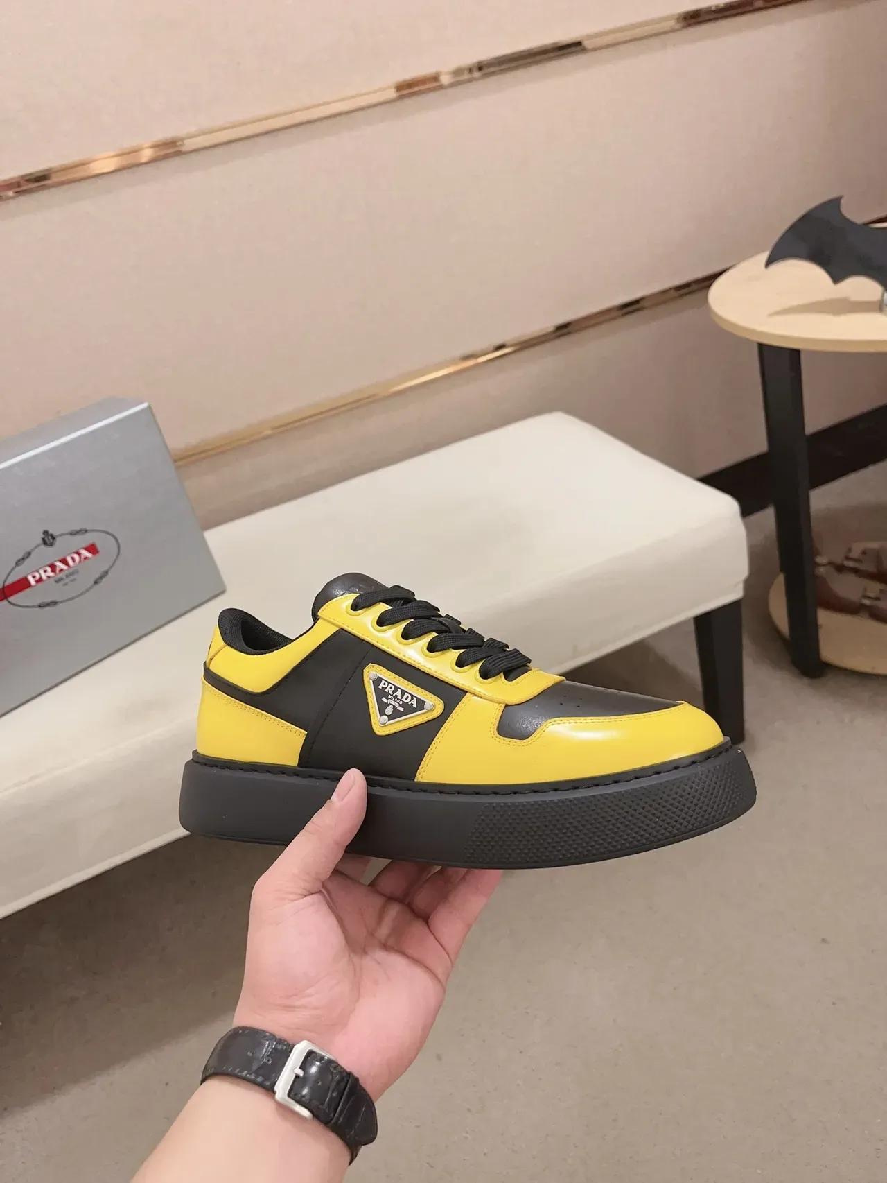 Prada Cloudbust Yellow and Black Leather Chunky Sneakers 5