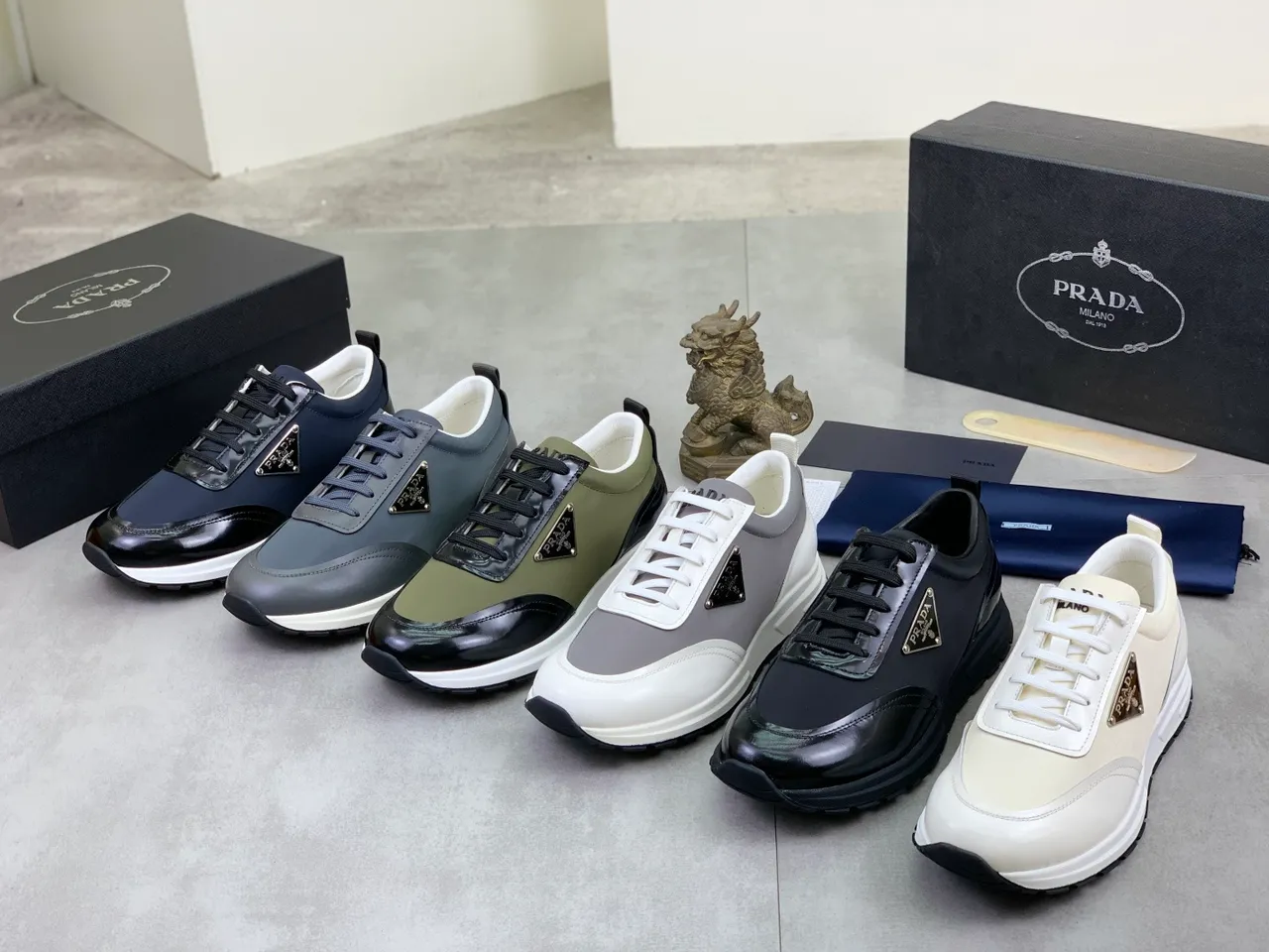 Prada Gray White Low-Top Leather Upper Sneakers 2