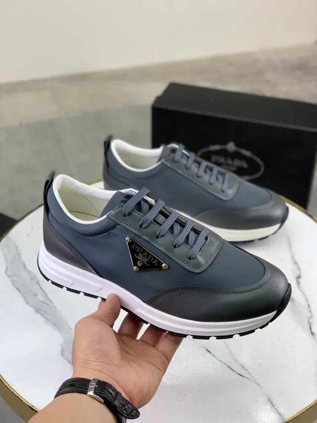 Prada Gray White Low-Top Leather Upper Sneakers 5