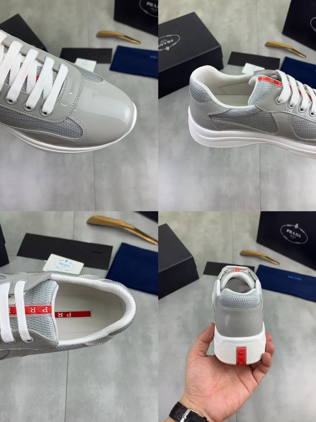 Prada Sneakers Lifestyle Gris Blanc Matériau Mixte Overlays Patent Glossy 2