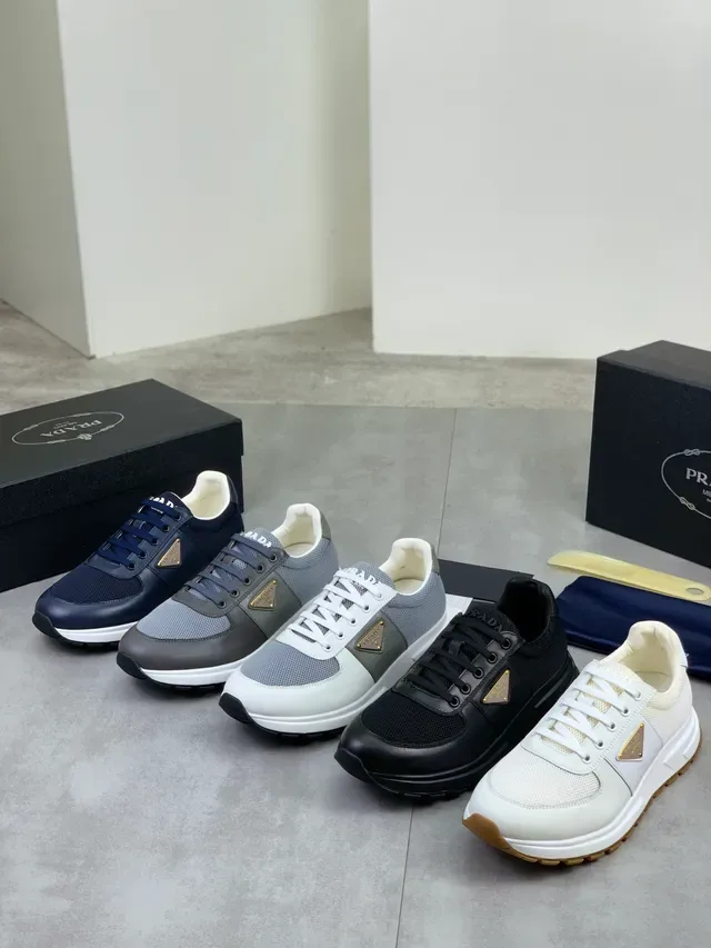 Prada Gray White Mixed-Material Upper Triangular Logo Plaque Lifestyle Sneakers 2