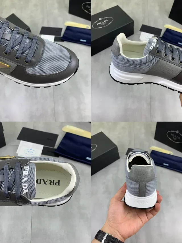 Prada Gray White Mixed-Material Upper Triangular Logo Plaque Lifestyle Sneakers 3