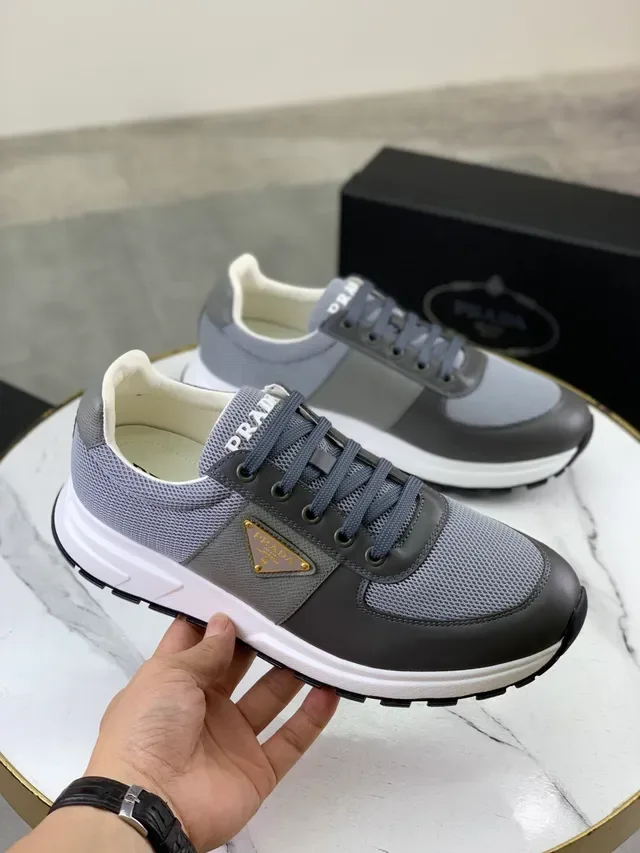 Prada Gray White Mixed-Material Upper Triangular Logo Plaque Lifestyle Sneakers 5