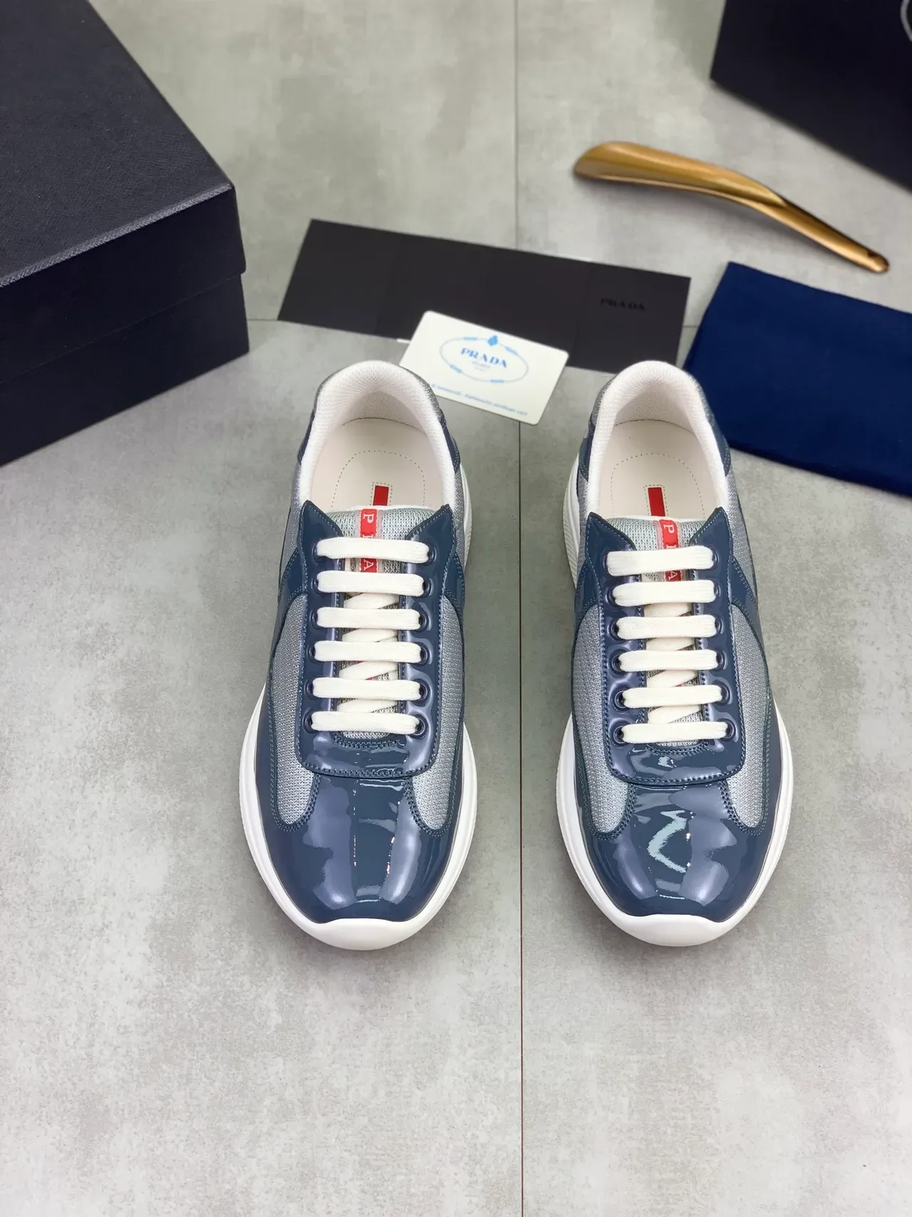 Prada Navy Gray Patent Leather Mesh Overlay Lifestyle Sneakers 4