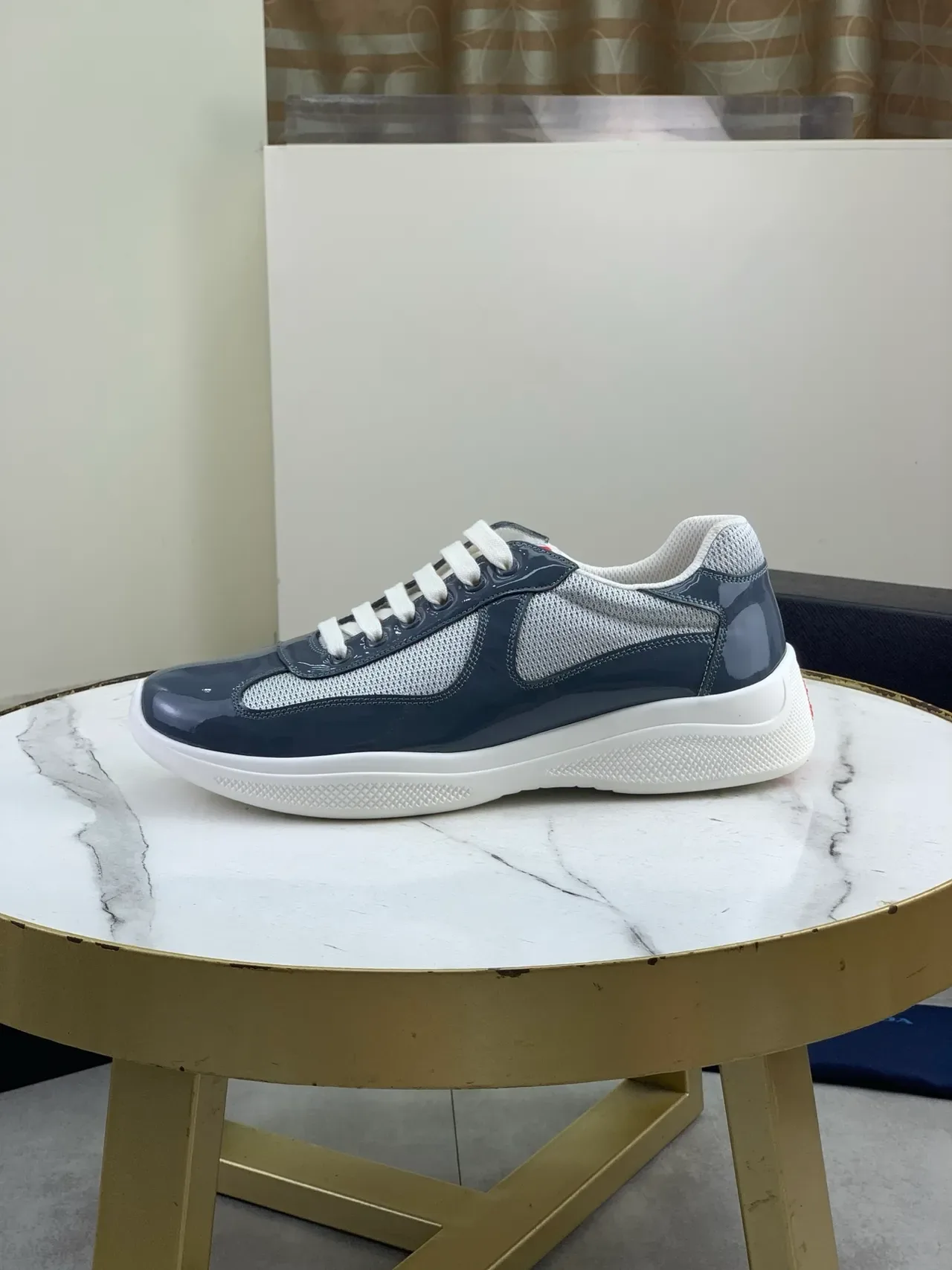 Prada Navy Gray Patent Leather Mesh Overlay Lifestyle Sneakers 5