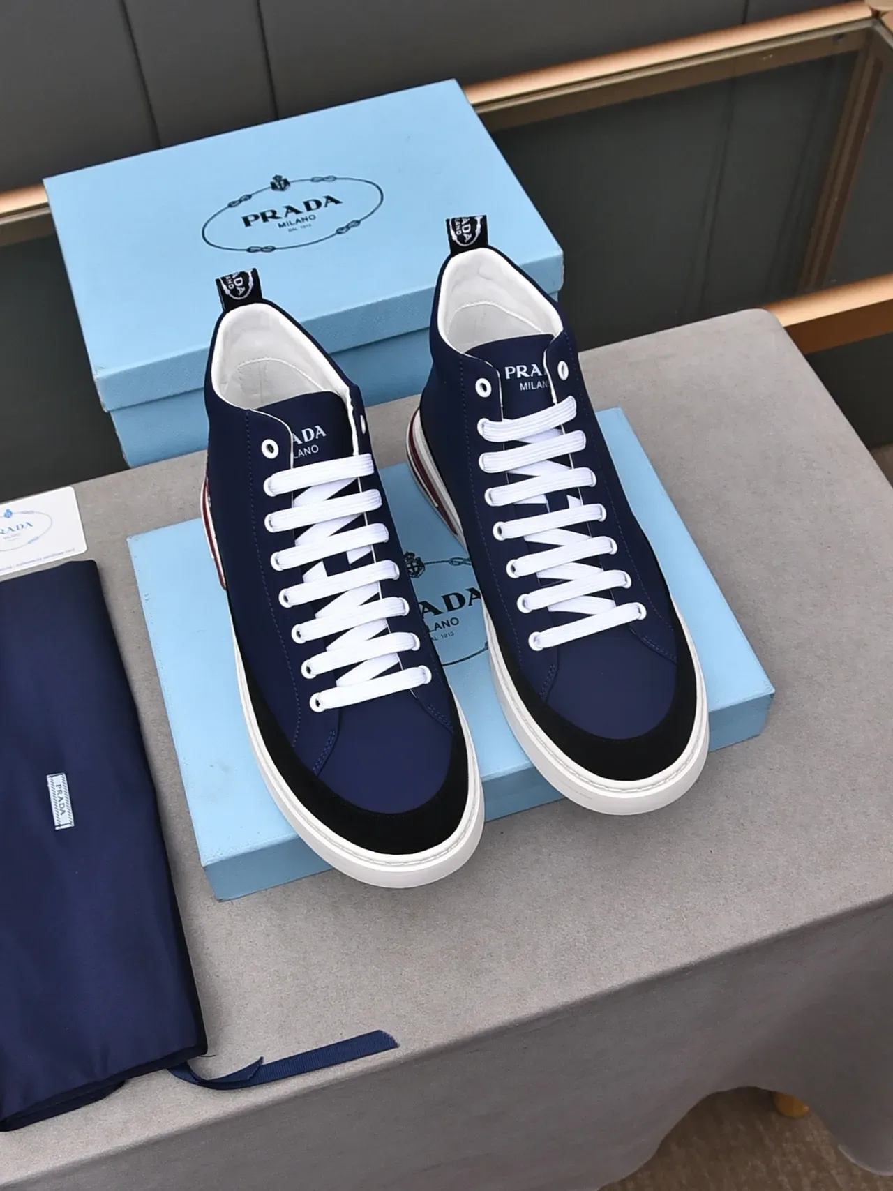 Prada Navy Red High-Top Neoprene-Like Upper Sneakers 2