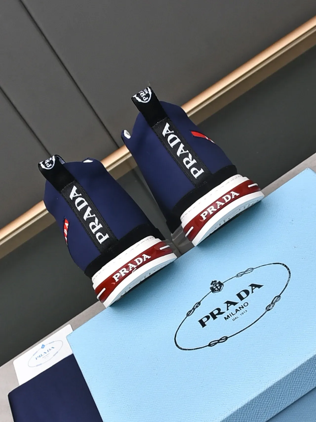 Prada Navy Red High-Top Neoprene-Like Upper Sneakers 3