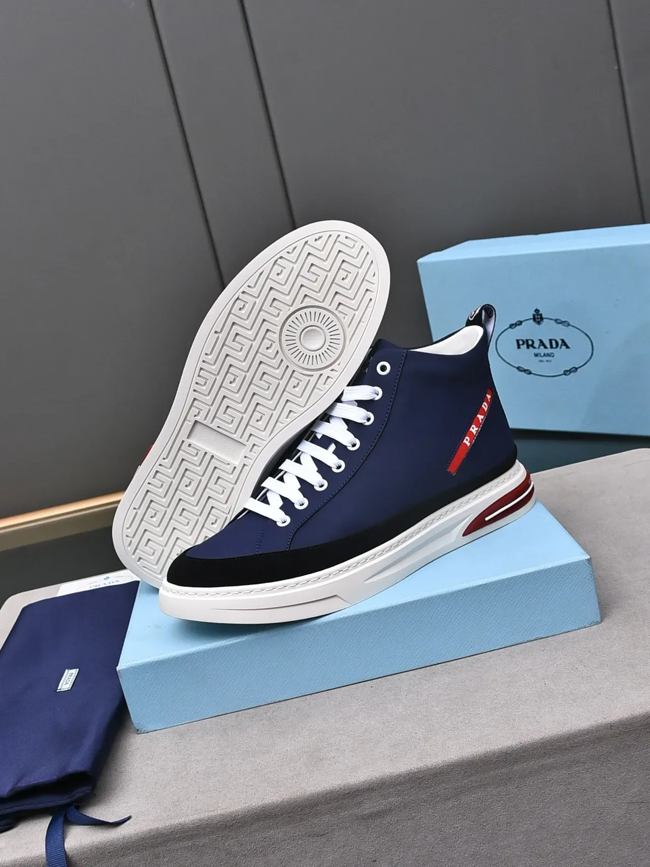 Prada Navy Red High-Top Neoprene-Like Upper Sneakers 4