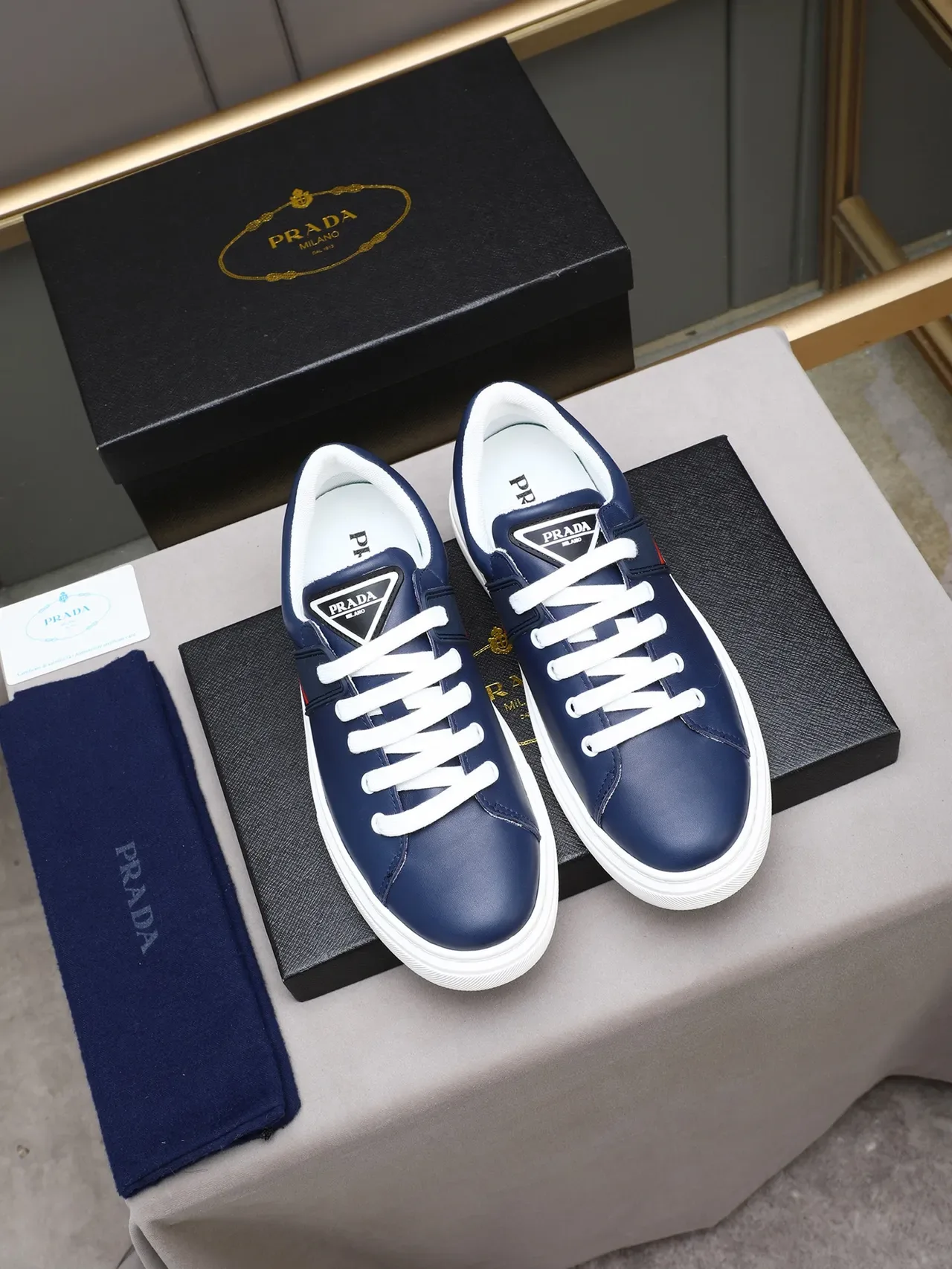 Prada Navy White Leather Upper Rubber Sole Lifestyle Sneakers 2
