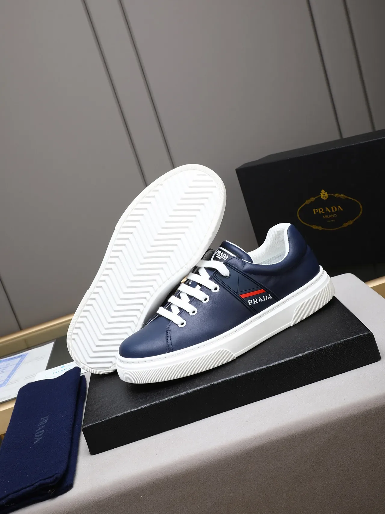 Prada Navy White Leather Upper Rubber Sole Lifestyle Sneakers 4
