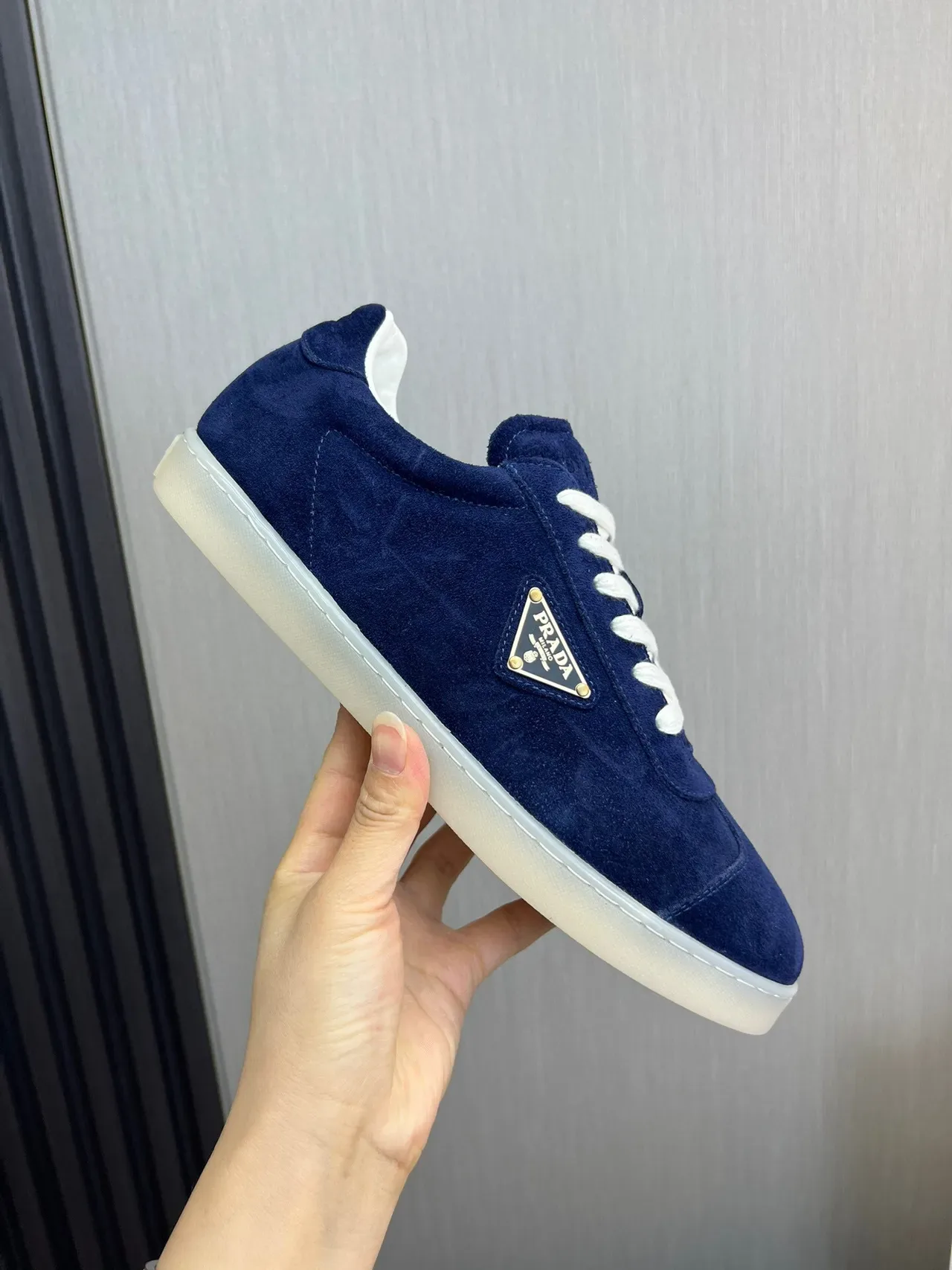 Prada Navy White Suede Upper Triangular Metal Logo Lifestyle Sneakers 4