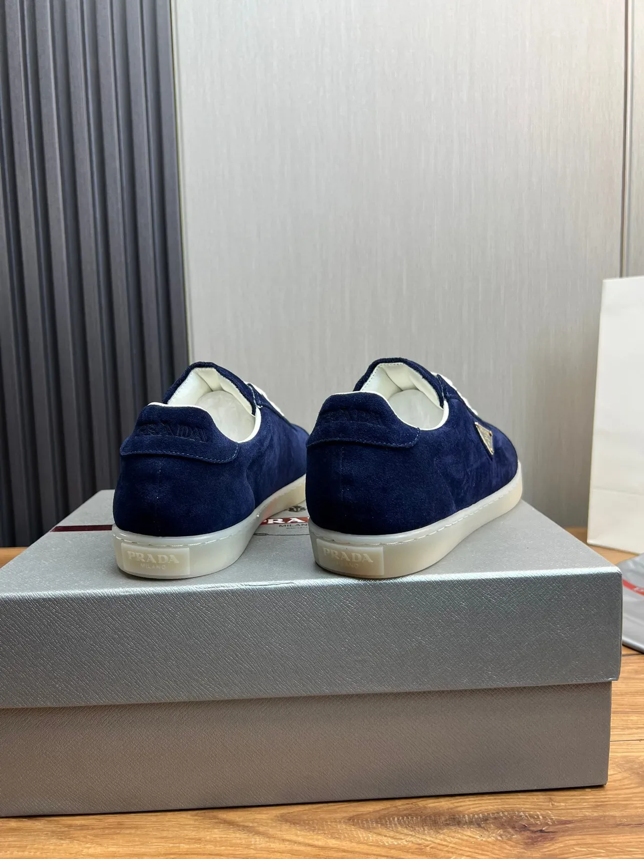Prada Navy White Suede Upper Triangular Metal Logo Lifestyle Sneakers 5