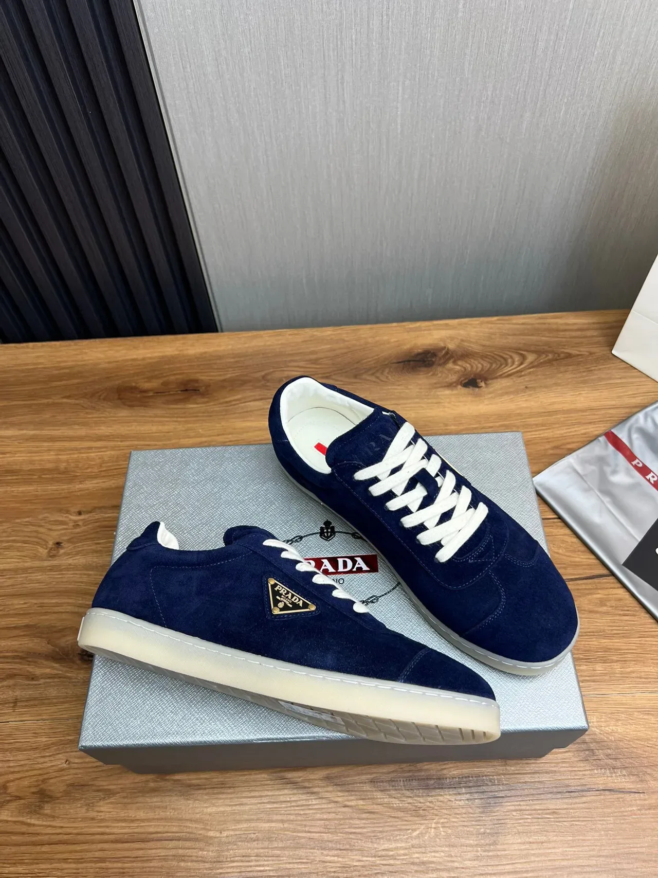 Prada Navy White Suede Upper Triangular Metal Logo Lifestyle Sneakers 6