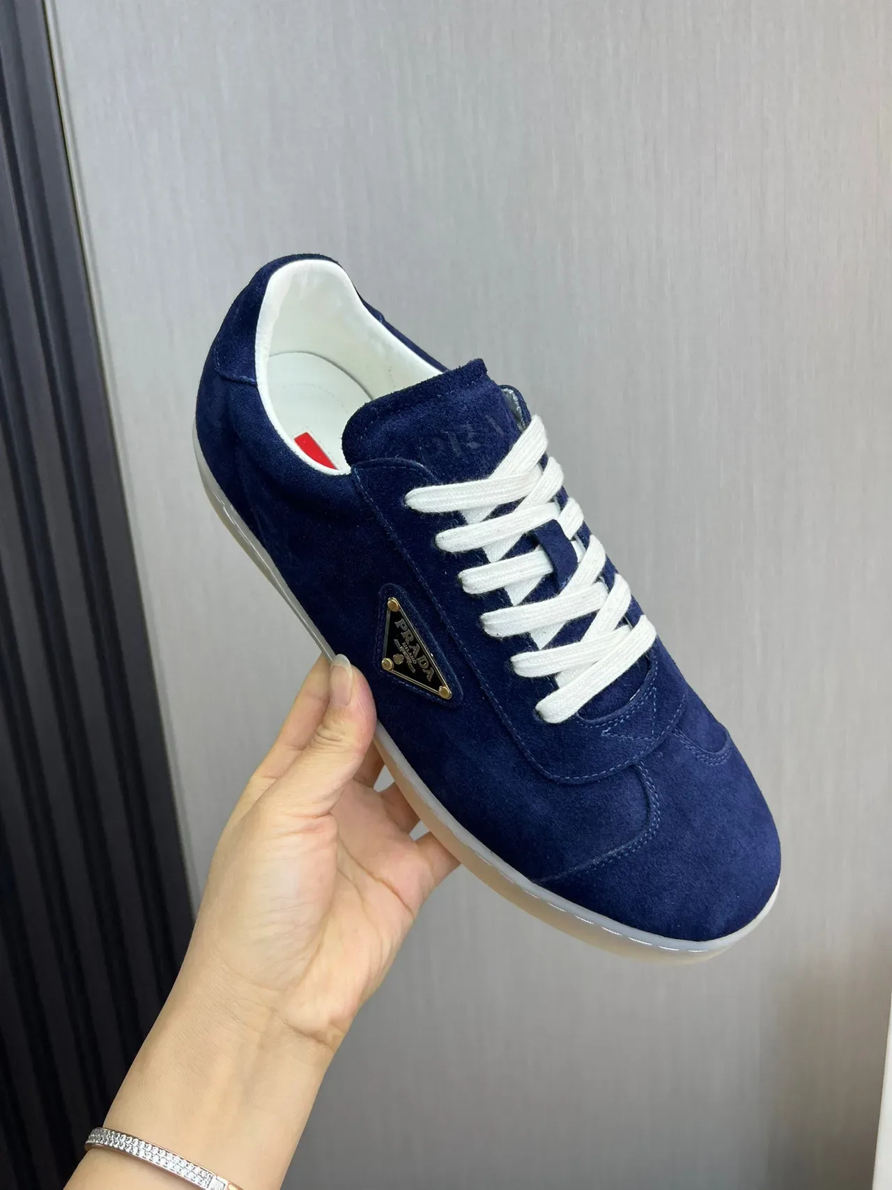 Prada Navy White Suede Upper Triangular Metal Logo Lifestyle Sneakers 7