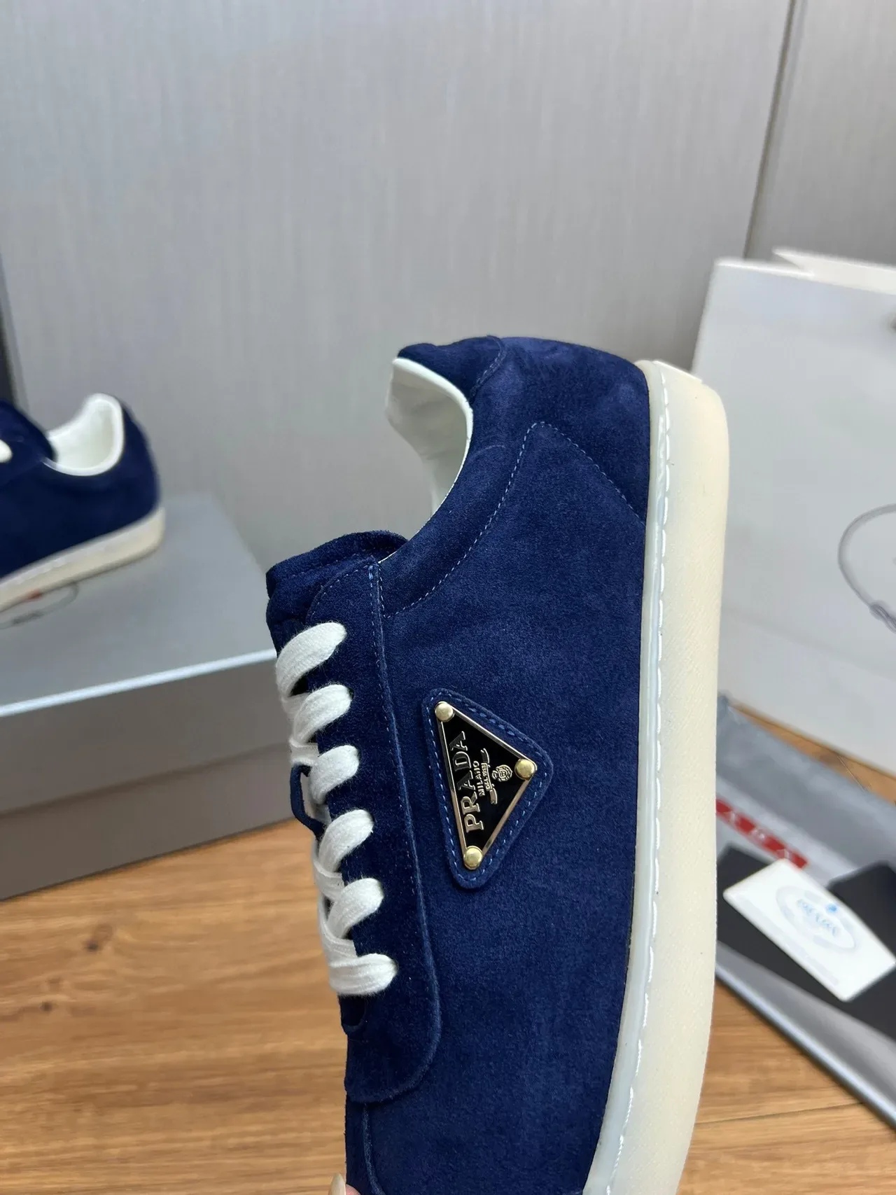 Prada Navy White Suede Upper Triangular Metal Logo Lifestyle Sneakers 8