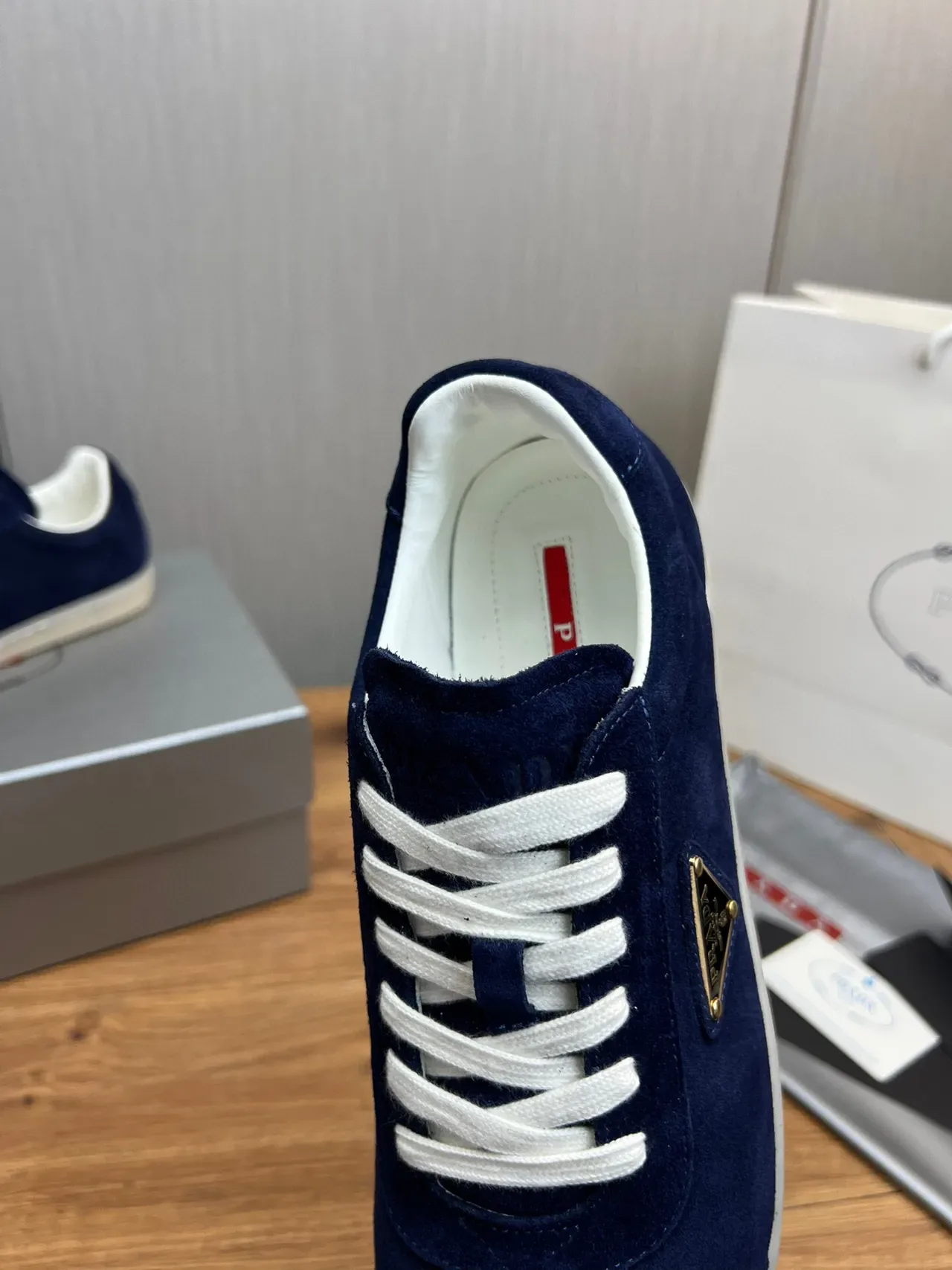 Prada Navy White Suede Upper Triangular Metal Logo Lifestyle Sneakers 9