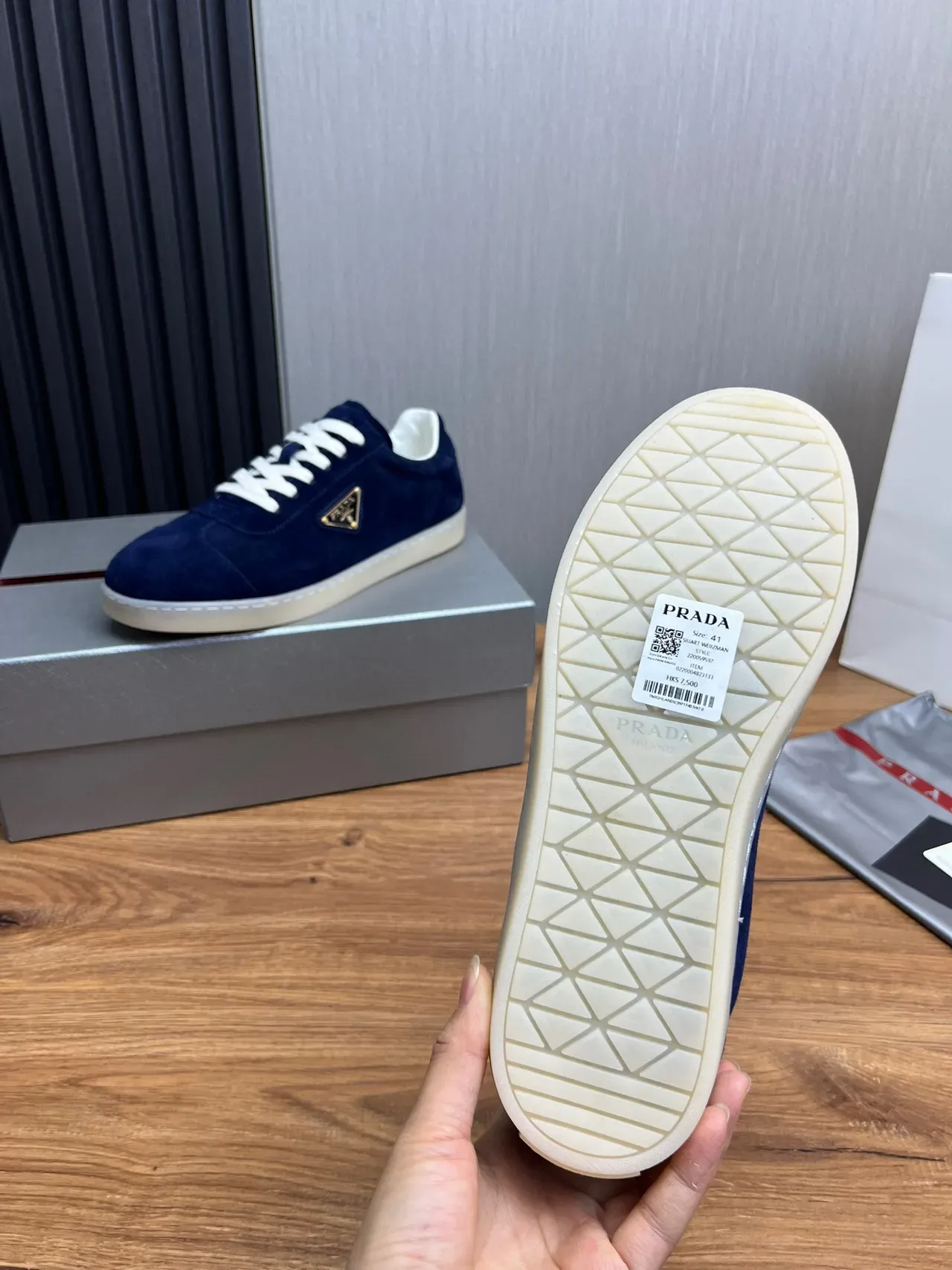 Prada Navy White Suede Upper Triangular Metal Logo Lifestyle Sneakers 10