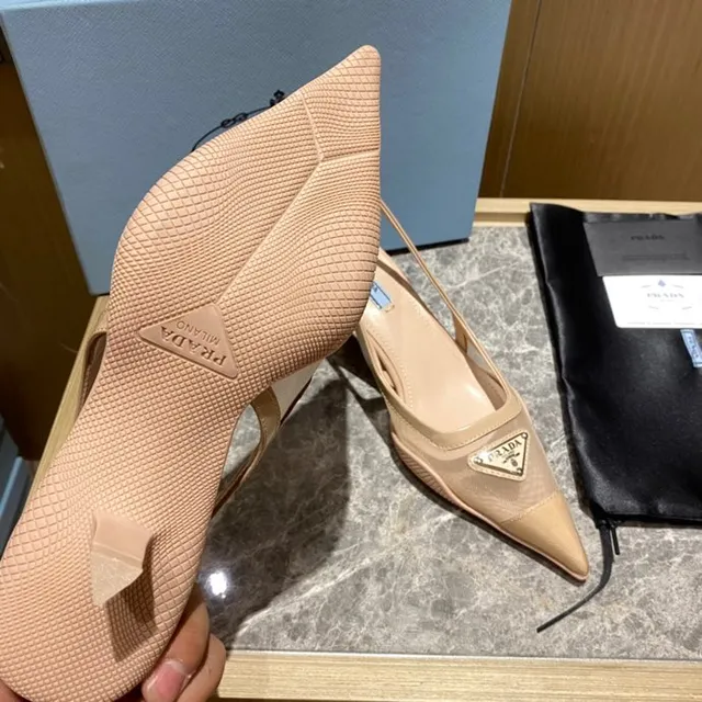 Prada Nude Mesh and Leather Pointed Slingback Pumps 4