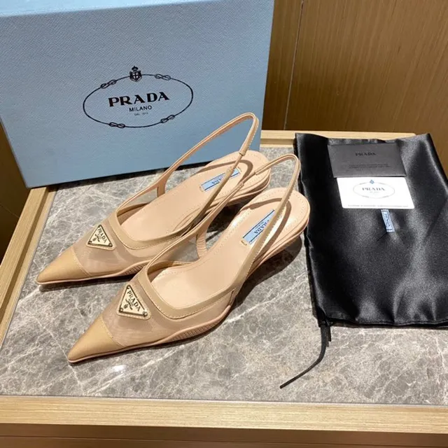 Prada Nude Mesh and Leather Pointed Slingback Pumps 8