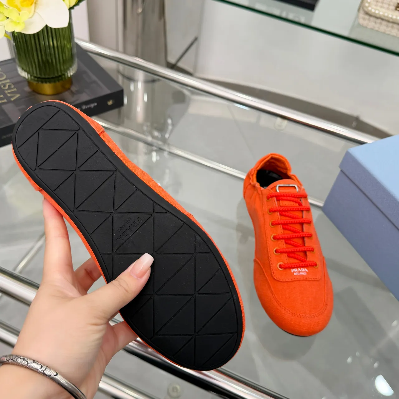 Prada Orange Black Low-Top Upper Canvas Shoes 2