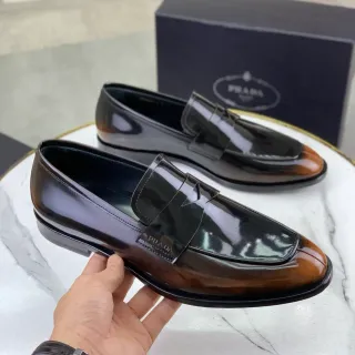 Prada Penny Loafer Black and Brown Glossy Patent Leather Loafers