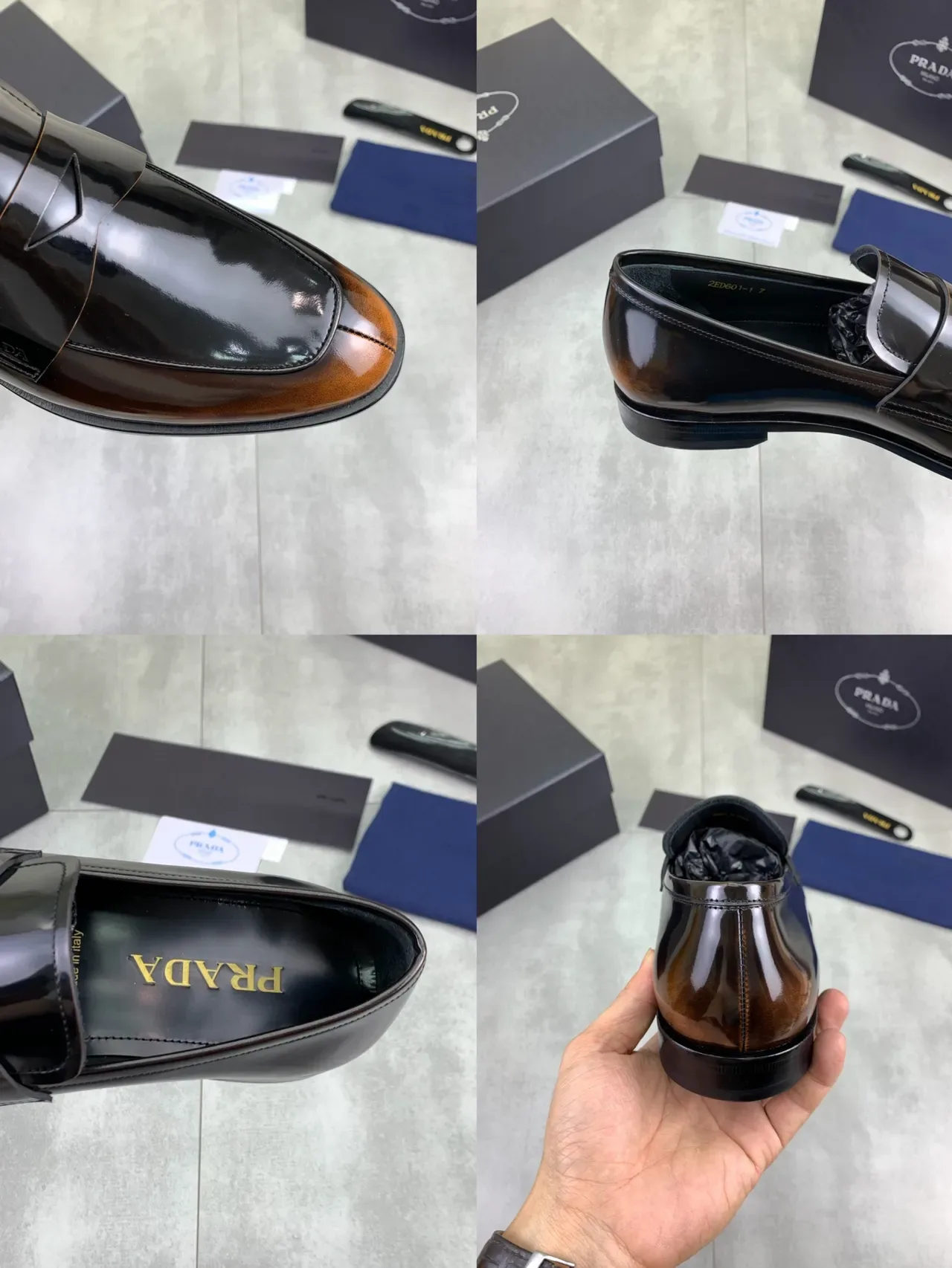 Prada Penny Loafer Noir et Marron Cuir Patent Brillant 2