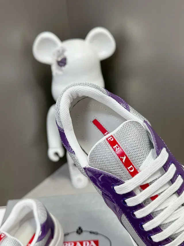 Prada Roxo Prata Brilhante Verniz Malha Painel Tênis Lifestyle 8