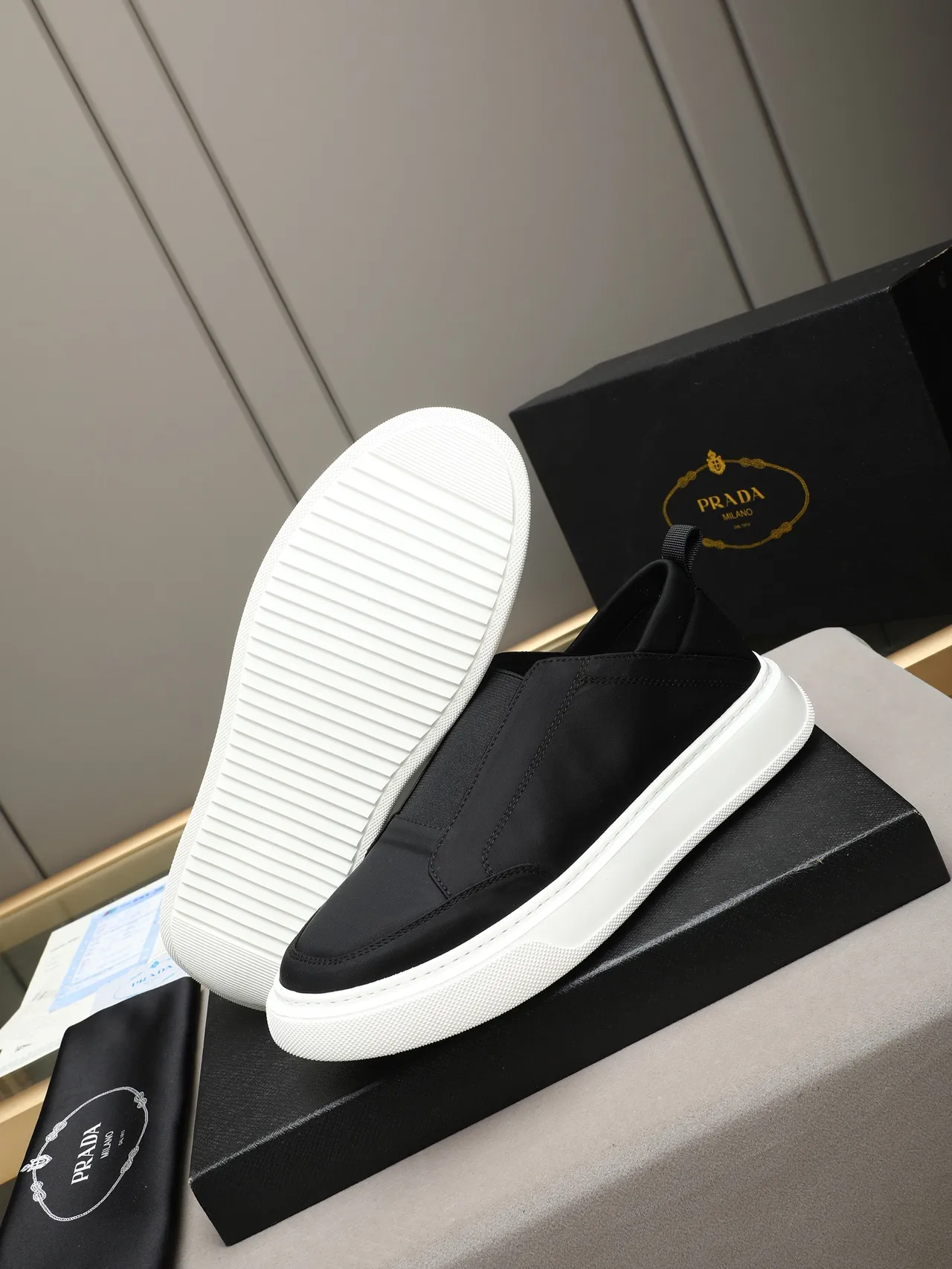 Prada Slip-On Minimalist Black and White Lifestyle Sneakers 5
