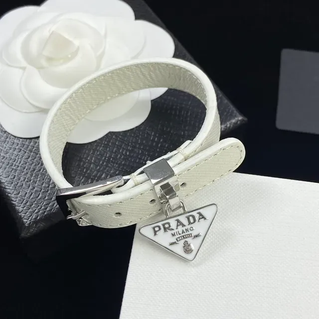 Prada Triangle Logo Bracelet White and Black Saffiano Leather Bracelets 2