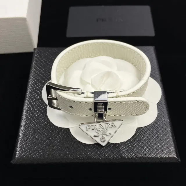 Prada Triangle Logo Bracelet White and Black Saffiano Leather Bracelets 3