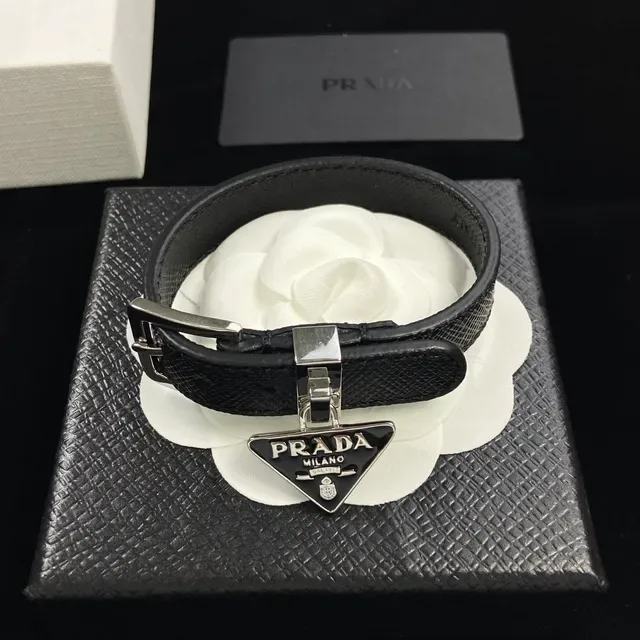 Prada Triangle Logo Bracelet White and Black Saffiano Leather Bracelets 4