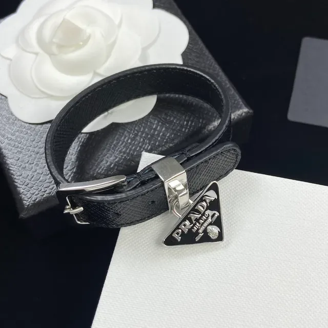 Prada Triangle Logo Bracelet White and Black Saffiano Leather Bracelets 5