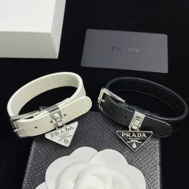 Prada Triangle Logo Bracelet White and Black Saffiano Leather Bracelets 6