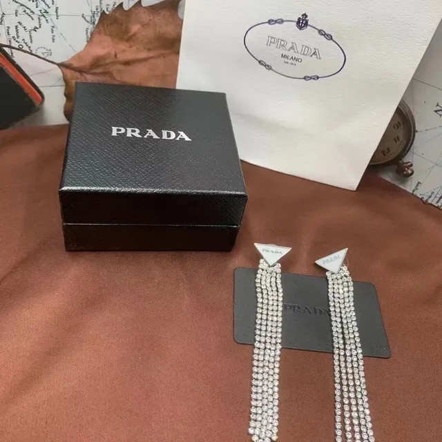 Prada Triangle Logo Chain Tassel Earrings 2