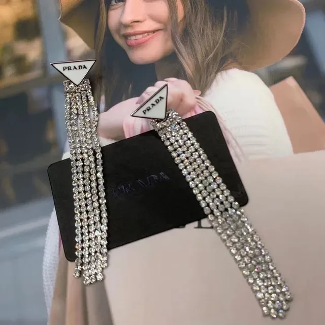 Prada Triangle Logo Chain Tassel Earrings 5