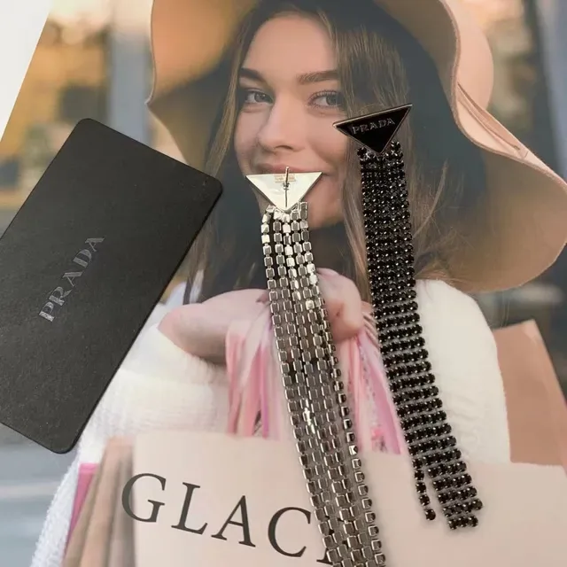 Prada Triangle Logo Chain Tassel Earrings 6