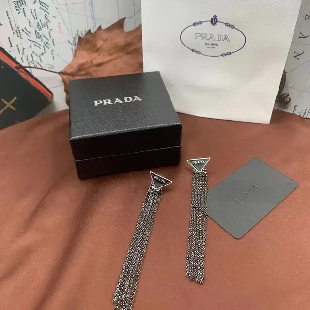 Prada Triangle Logo Chain Tassel Earrings 9