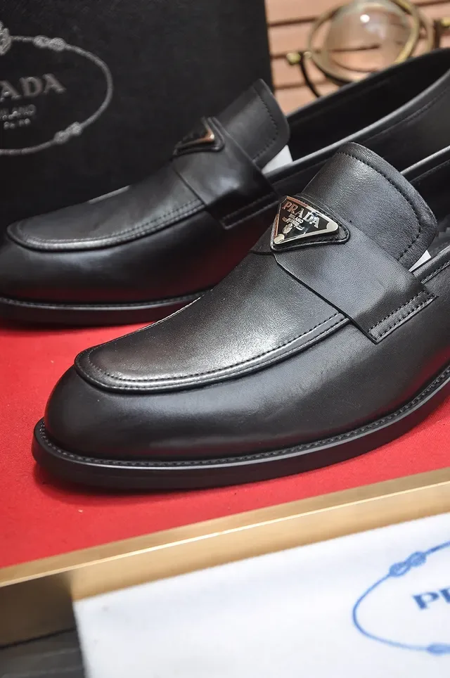 Prada Triangle Logo Loafer Black Smooth Leather Metal Plaque Loafer 2