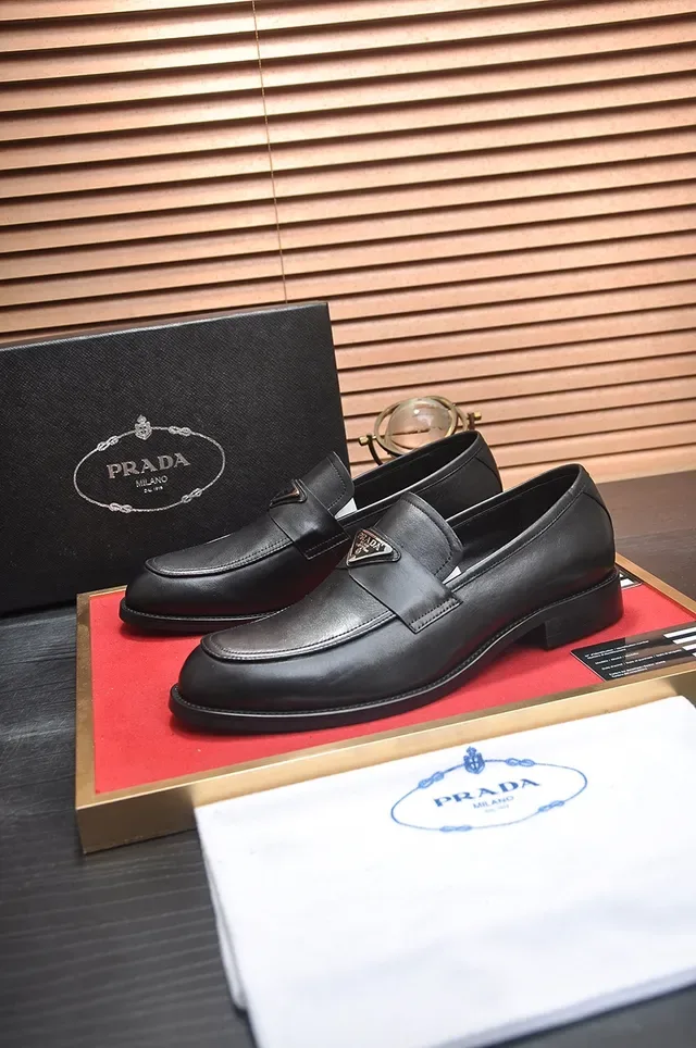 Prada Triangle Logo Loafer Black Smooth Leather Metal Plaque Loafer 4
